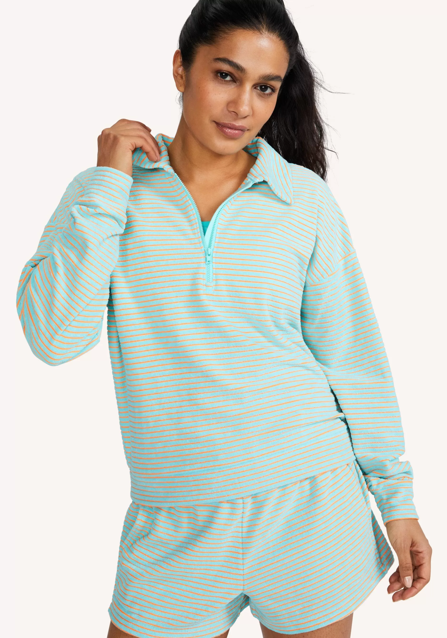 Best Striped Terrycloth Polo Pullover Women Tops